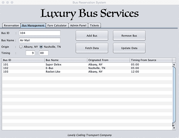 Bus Ticket Reservation Add Bus Module Java