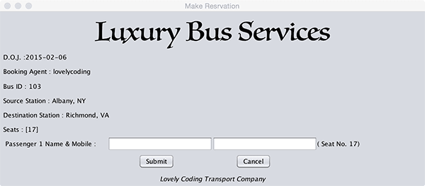 Passenger Details Entry Bus Ticket Booking Project
